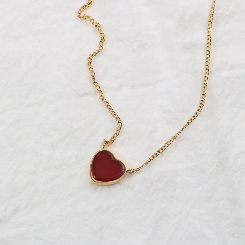 Collane con ciondolo Collana con cuore in corniola rossa per donna Acciaio inossidabile Pietra naturale Semplice tendenza minimalista_voghion.com
