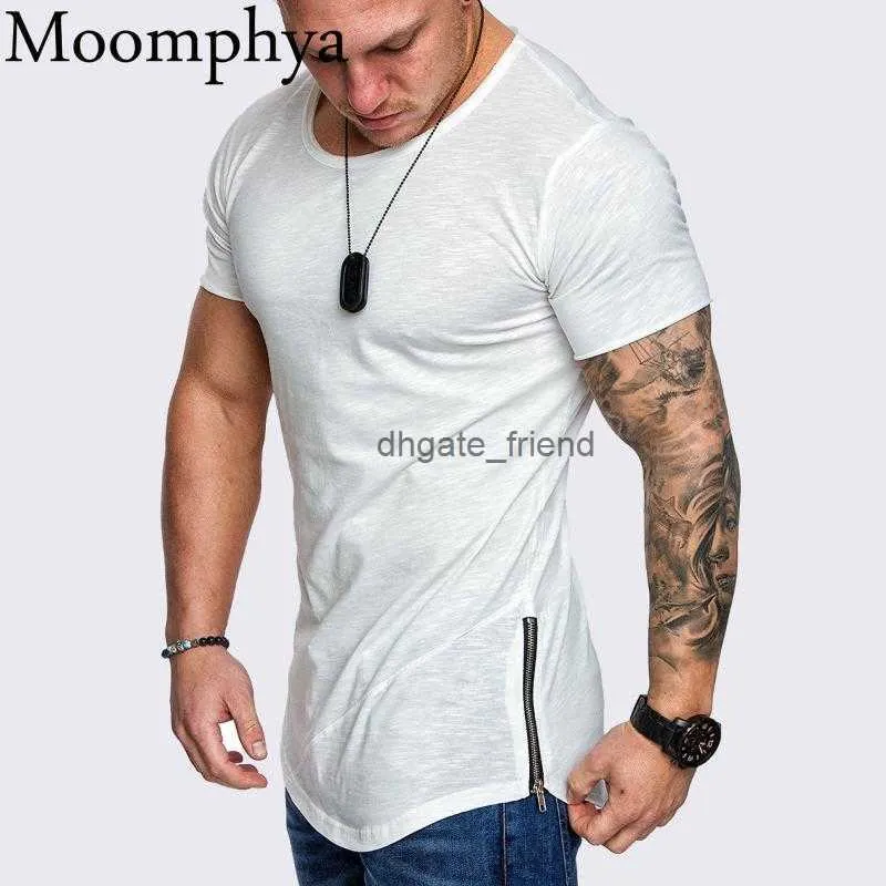 남성 티셔츠 moomphya 단색 스키니 사이드 지퍼 티셔츠 링 라인 슬림 한 날씬한 티셔츠 남자 힙합 스트리트웨어 여름 상판
