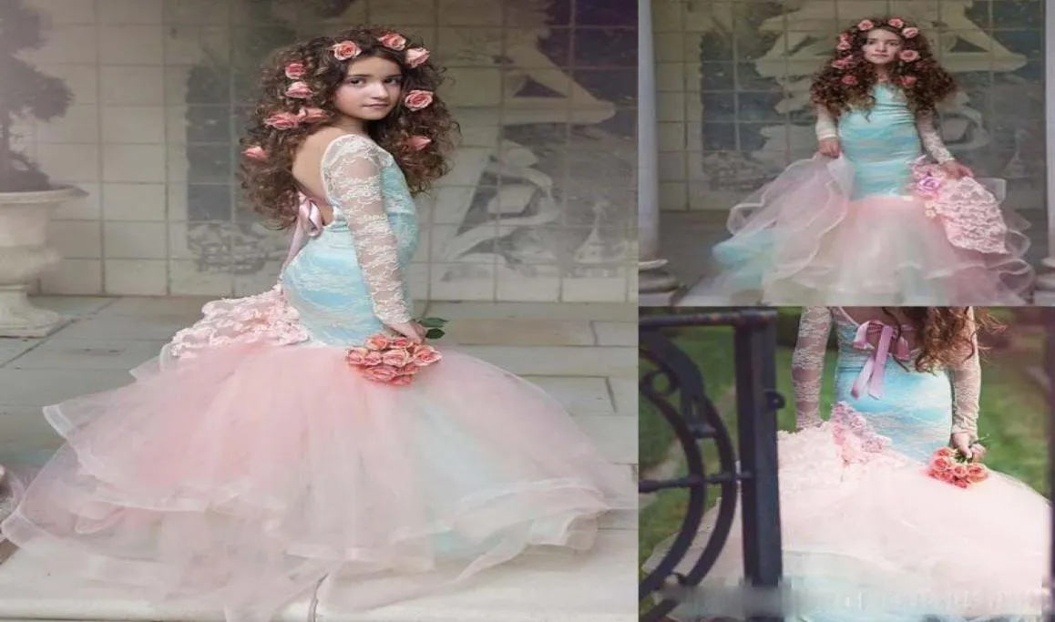 Eleganckie długie rękawy Bez pleców niebieskie i różowe dziewczyny suknie 2017 Lace Flower Girl Dress for Children Quinceanera Party Sukienki 4449499