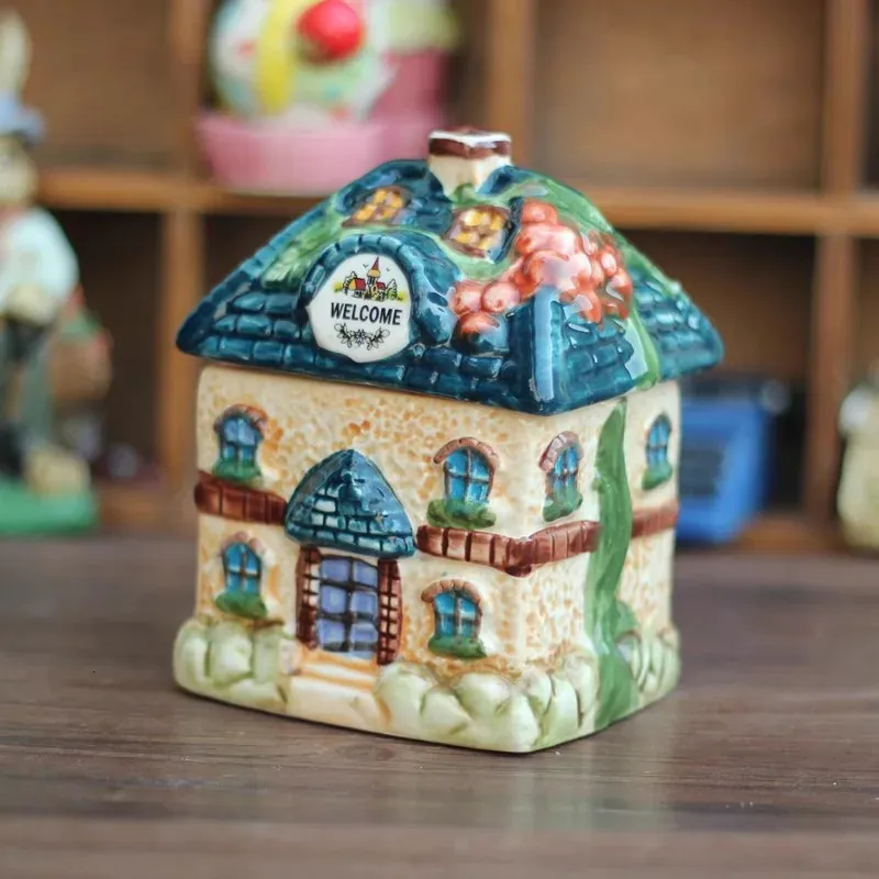 Vintage ceramic house Sculpture Jewelry Box Home Decor Crafts Room Decoration room cute Ornament candy jar 240429