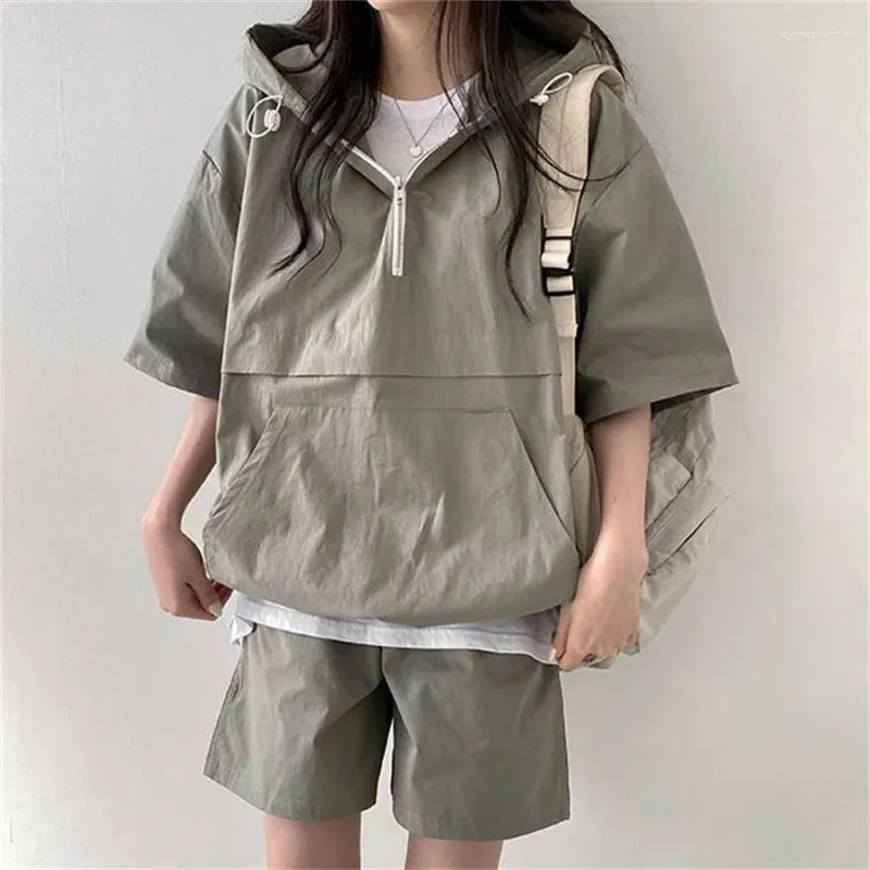 Women's Tracksuits Korean Version Solid Color Casual Short-sleeved Single Piece/suit Women 2024 Summer Fashion Loose Hooded Sportswear