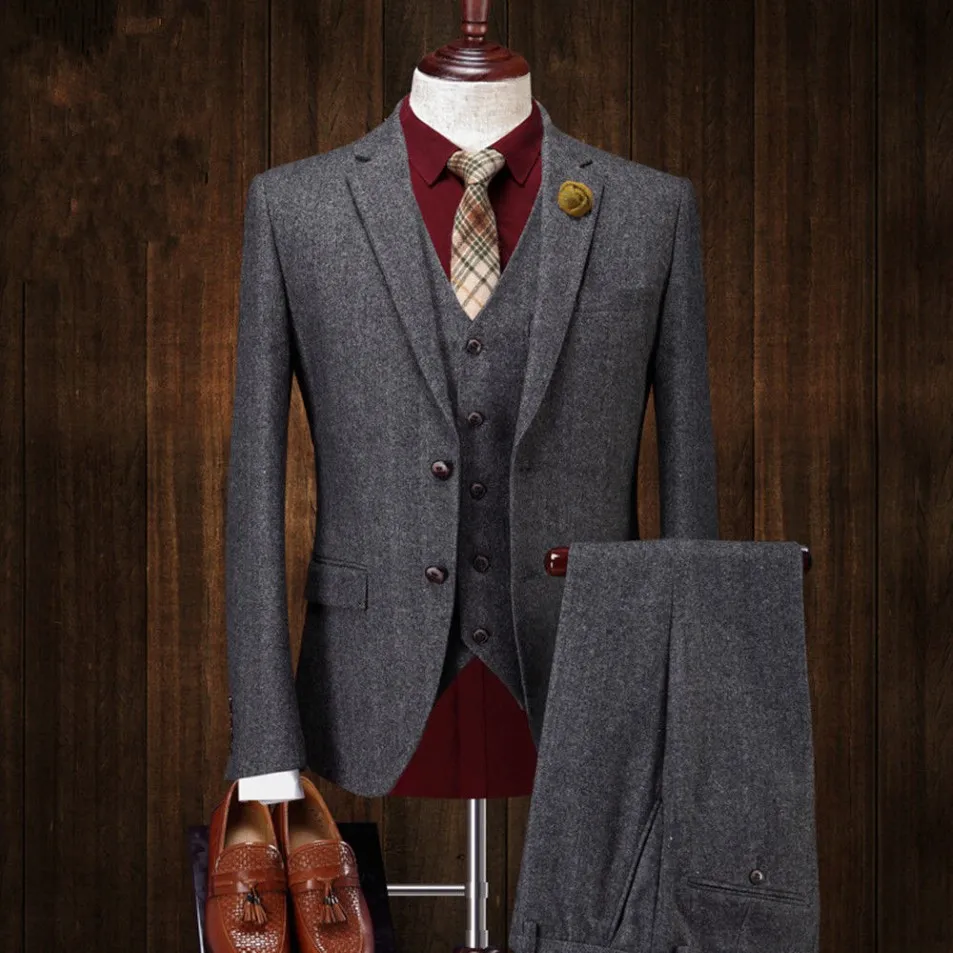 Veste de veste de costume en tweed en laine à deux bouton pour hommes 3 pcs Gris foncé Gris personnalisé Tuxedos Suit Veste Pantalon 2863
