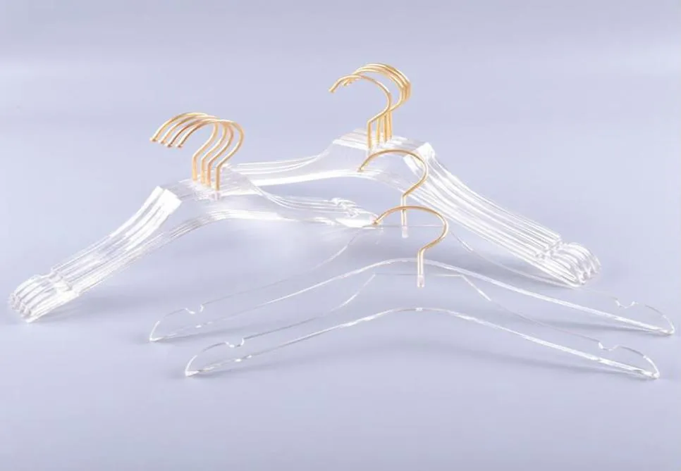 Piège à vêtements de luxe Les cintres de robe en acrylique transparent avec des titres de chemises transparentes à crochet en or avec des encoches pour lady kids6953765