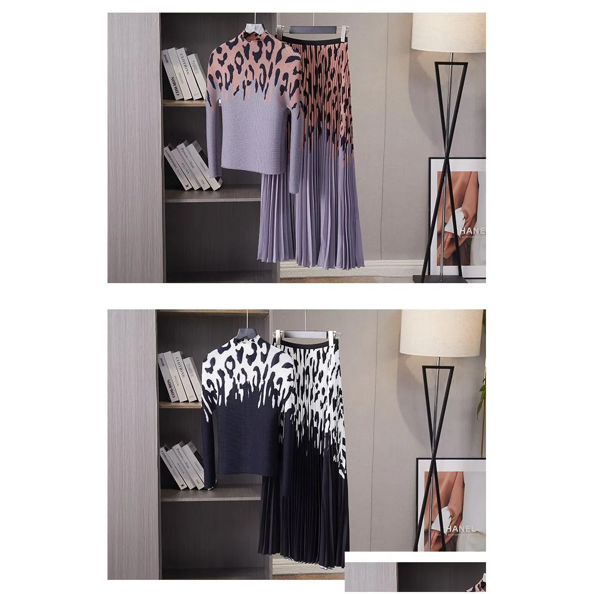 Ensemble de mode de robe en deux pièces pour les femmes automne, Nouveau étirement imprimé léopard, hauts plissés miyake et grande ligne de swing swing swirt costume dhcps