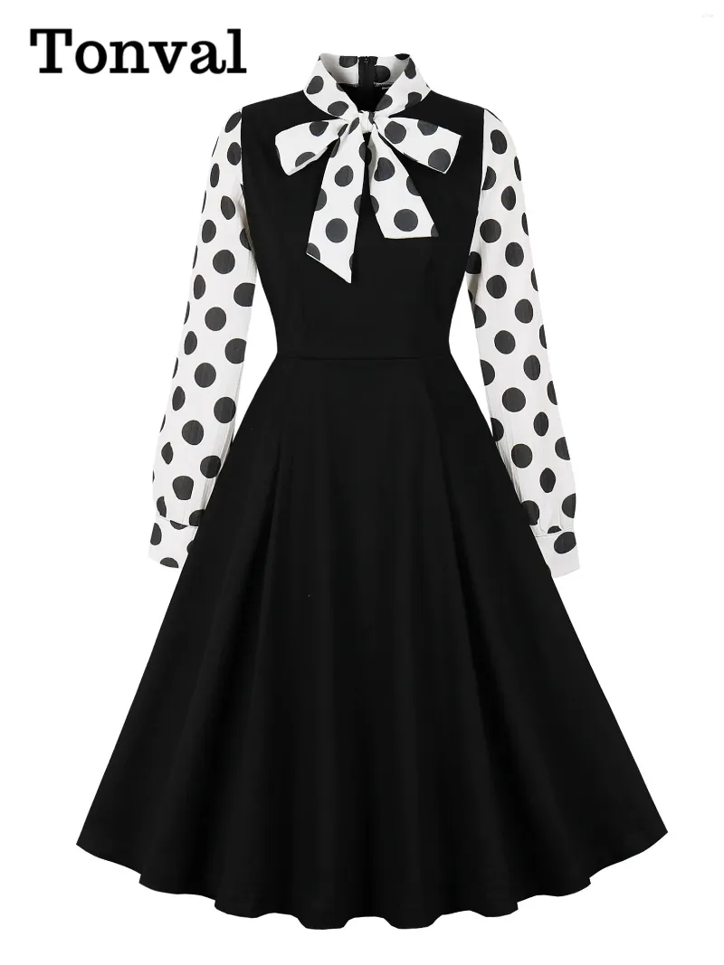 Casual Dresses Tonval Polka Dot Long Sleeve Vintage For Women Spring Bow Tie Neck 50s Elegant A-Line Black Cotton Dress