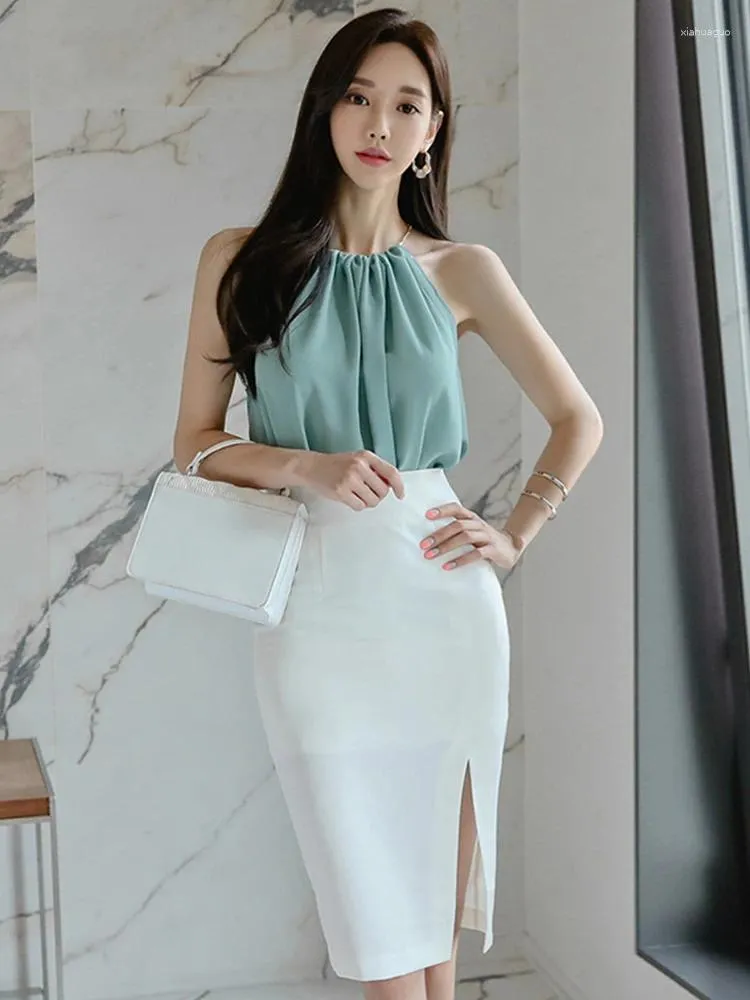 Arbetsklänningar koreanska sexiga 2 stycken kläder kvinnor elegant avslappnad halter band lös toppar skjorta blus wrap höft midi kjol set mujer party