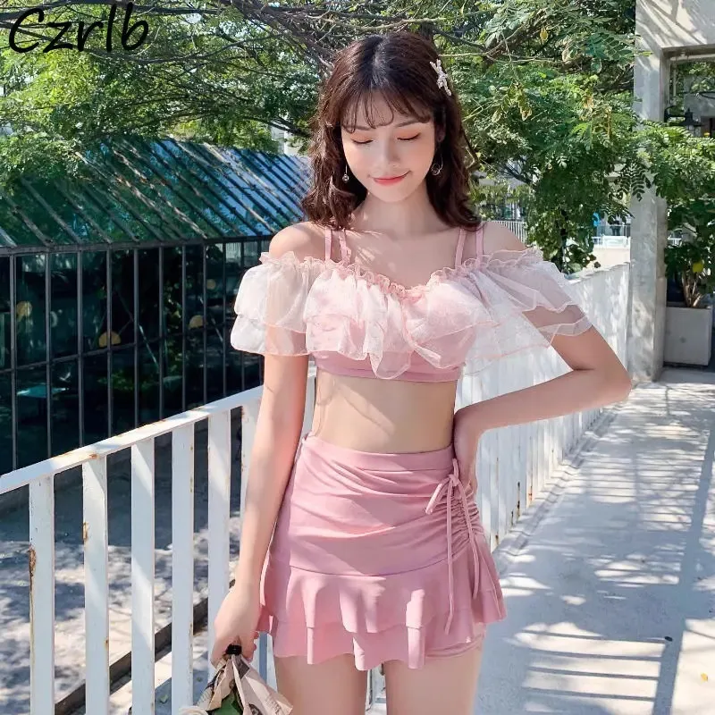 Bikini Set Women Summer Sexy Elegant Backless Tender Ruffles Fashion Korean Style Swimwear Sweet Girls Two Pieces Off Shoulder 240509