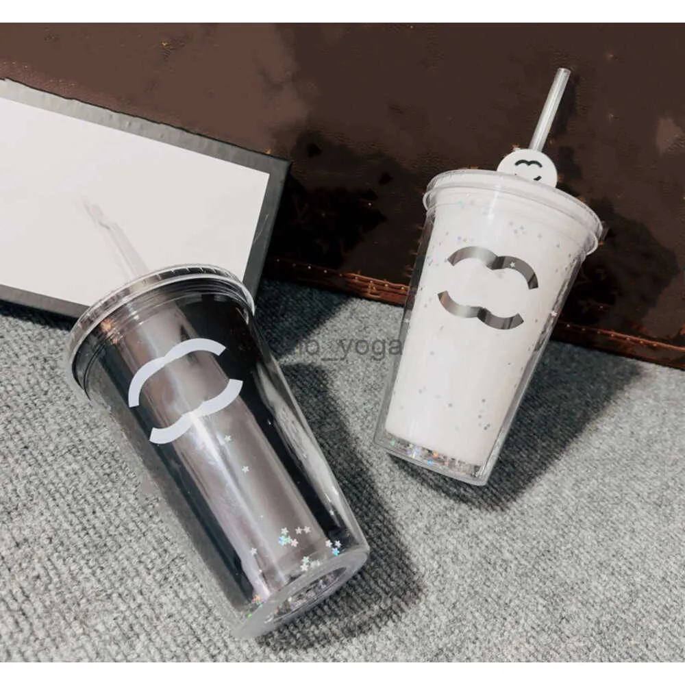 2024SS Designer black white Tumblers plastic cup classic star sequin cold drink transparent double-layer juice straw cup Student portable cup with gift box 450ml