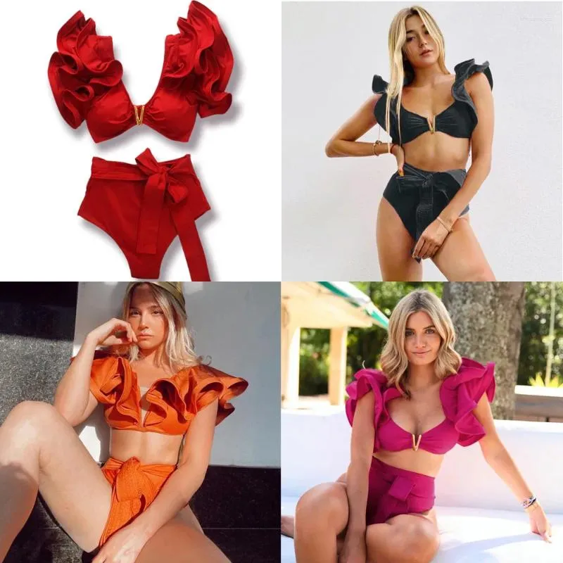 Женские купальные костюмы Cosy 2 PCS BANDAGE BIG RUFFFE LUXURY Women Swimsuit Solid Push Up Высокий талия летние бодиные купальники с высокой талией.