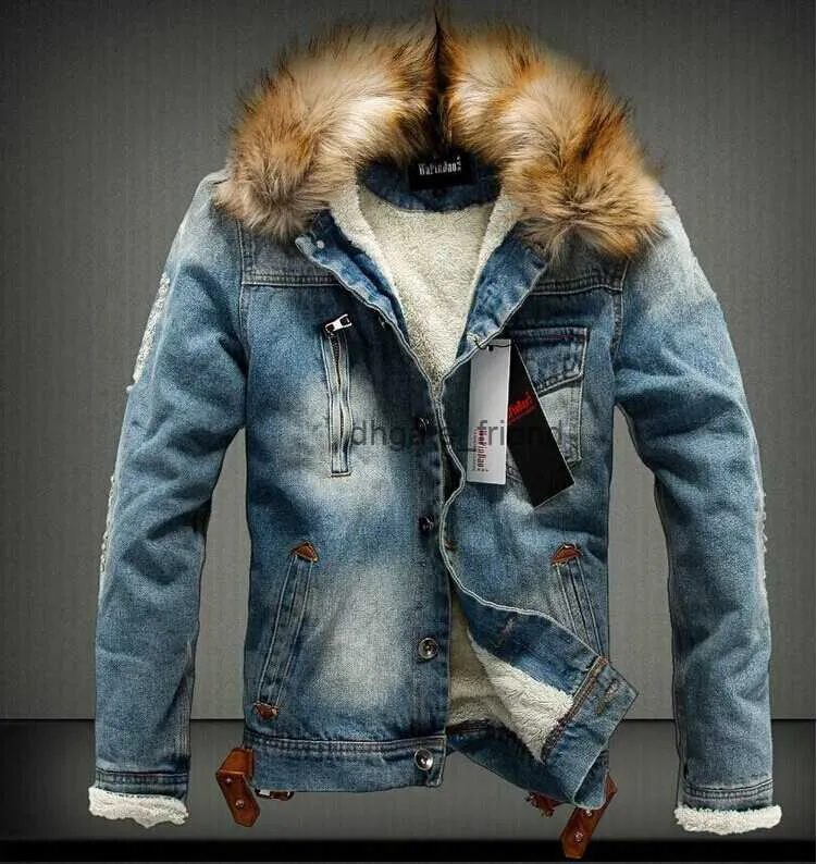 Vestes de créateurs masculines vintage Black Blue Denim Cowboy Cowboy Veste d'hiver masculine Veste décontractée Collier de fourrure