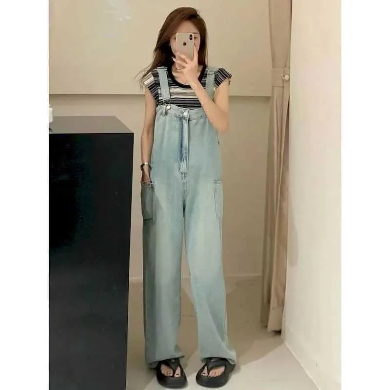 Kadın Tulumları Yükselen Kadınlar İçin Denim Tulumlar Büyük Boyut Tek Parça Kıyafetler Kadınlar Salınıklar Gevşek Kore Stil Gündelik Vintage Playsuits Kadın Giyim Y240510