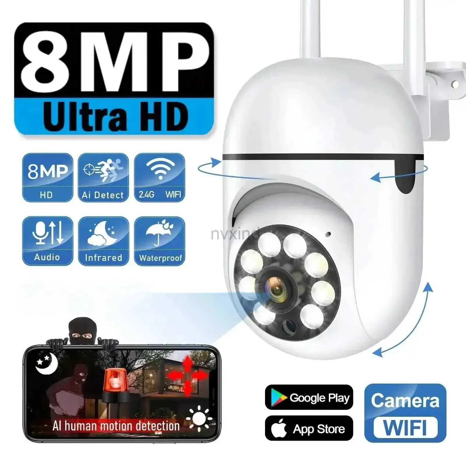 IP-камеры 8MP Wi-Fi Беспроводная камера Мониторинг Color Night Vision Outdoor Camera Smart Home CCTV Высокий мониторинг камеры Водонепроницаемый D240510