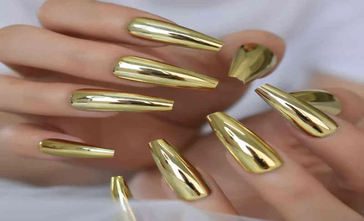 False Nails Metallic Coffin Nail Tips Long Ballerina Gold Mirror Fake Press On Full Set For Fingernail Decorations 2202255571583