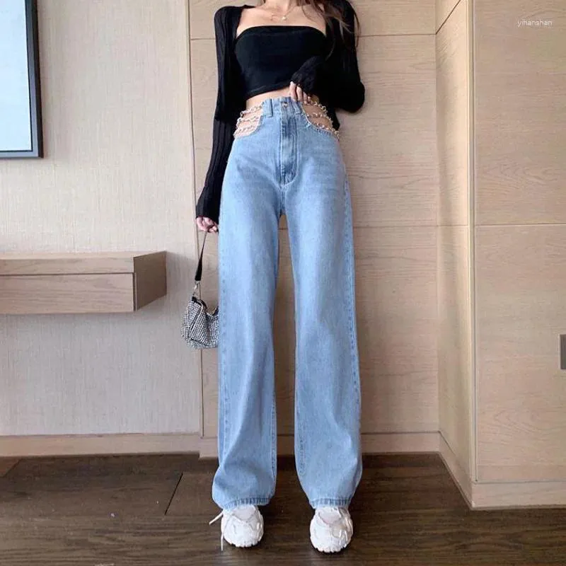 Damesjeans 2024 Sexy Hollow Out Chain Streetwear For Women Summer High Taille Loose Harajuku Straight Denim Pants Fashion Kor