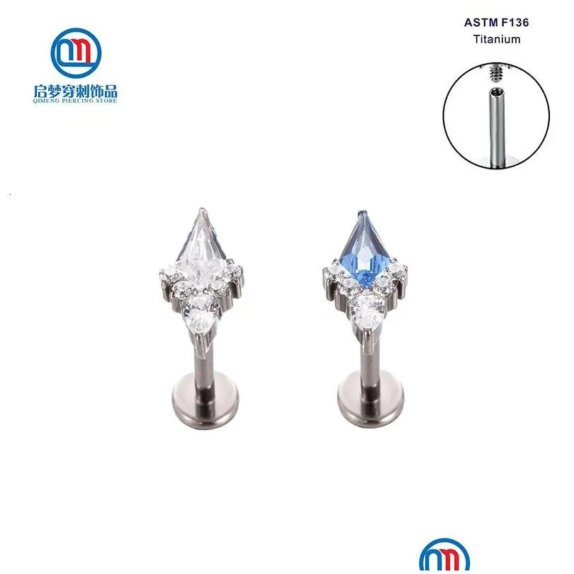 Labret läpppiercing smycken labret ASTM 36 Internt gängad rombformad zirkonringörhängen Helix Stud Body 230614 Drop Deliv DHAPR