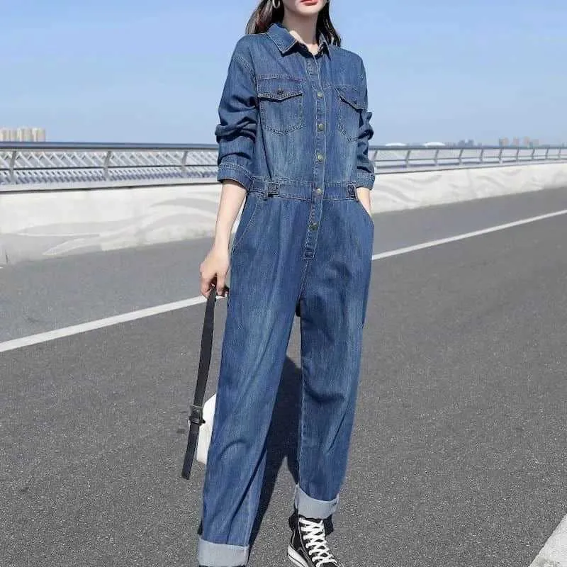 Save Big on Bulk Women's Denim Jumpsuits Clothing Women's Denim Jumpsuit  Romper Oversized Long Sleeve Blue Playsuit, High Waist Casual Overalls  Best