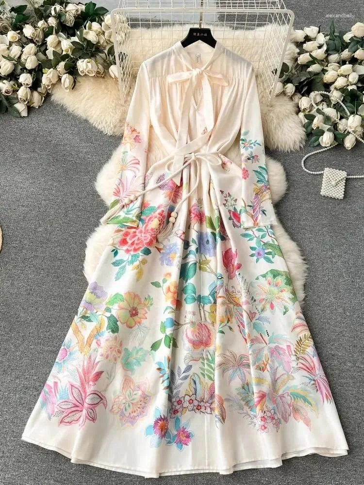 Casual Dresses Summer Holiday Linen Dress Women's Bow Collar Long Sleeve Tassels Belt Tropical Plants Flower Print Bohemian Party Maxi