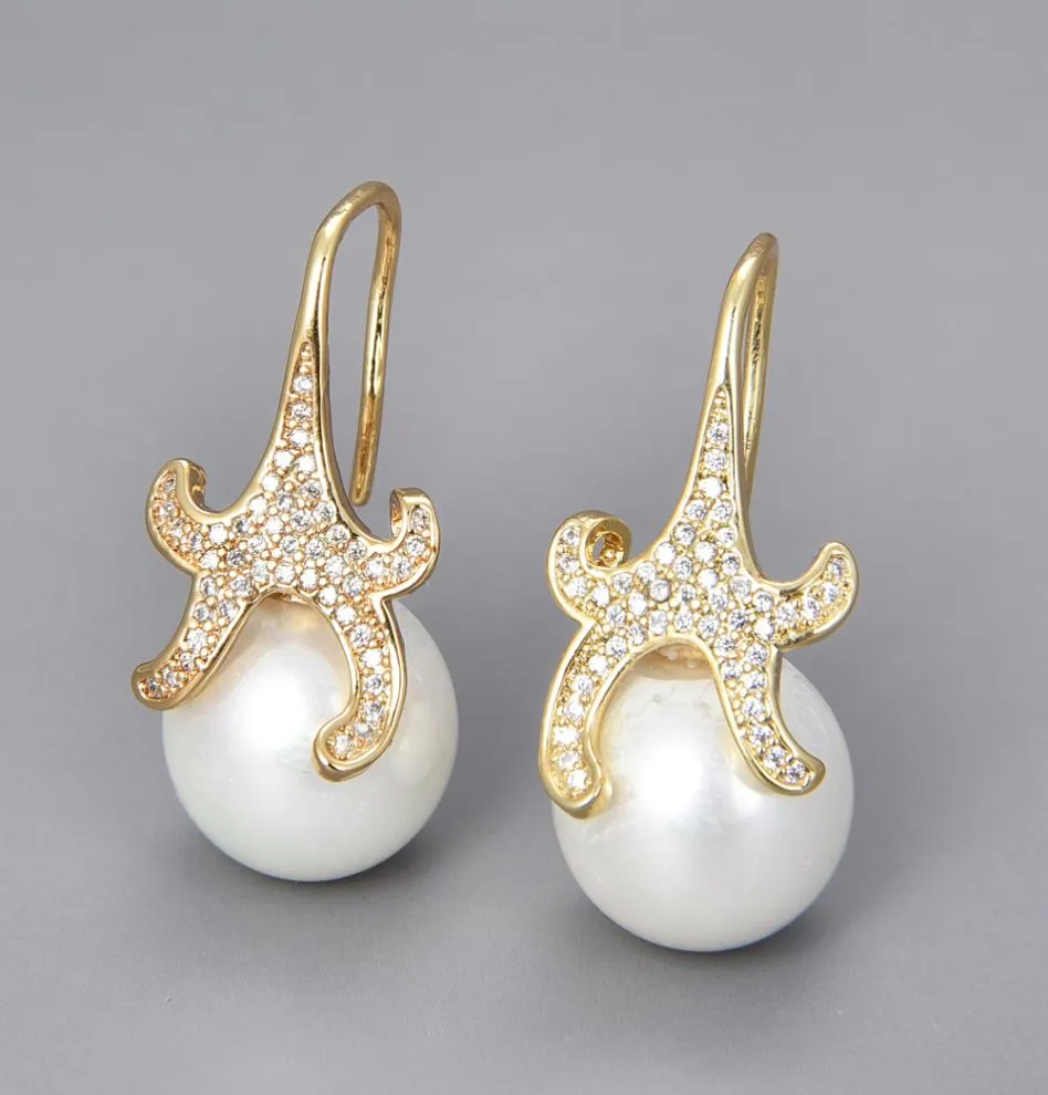 GuaiGuai Jewelry 14mm white sea shell Pearl starfish Cz pave Hook Earrings For Women Real Gems Stone Lady Fashion Jewellry4078349