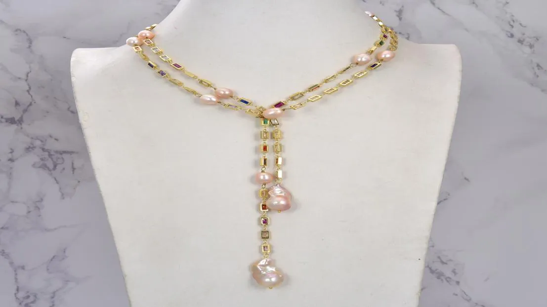 Guaiguai Biżuteria kulturowa różowa keshi perła mieszana prostokąt kolorów CZ Pave długi łańcuch Naszyjnik ręcznie dla kobiet prawdziwy klejnot kamień La2156832