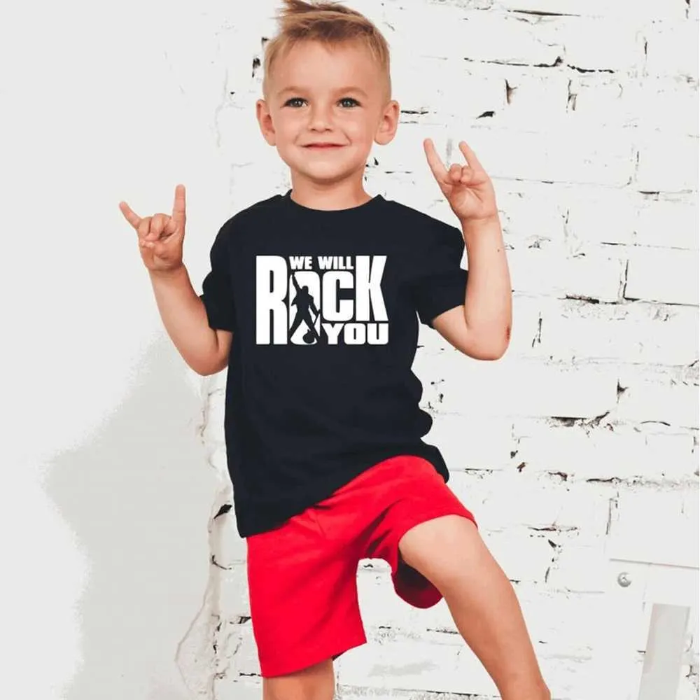 T-shirts We Will Rock You Queen Print Childrens T-shirt Summer White Top Childrens Fashion Casual T-shirt Anthem Childrens T-shirtL240509