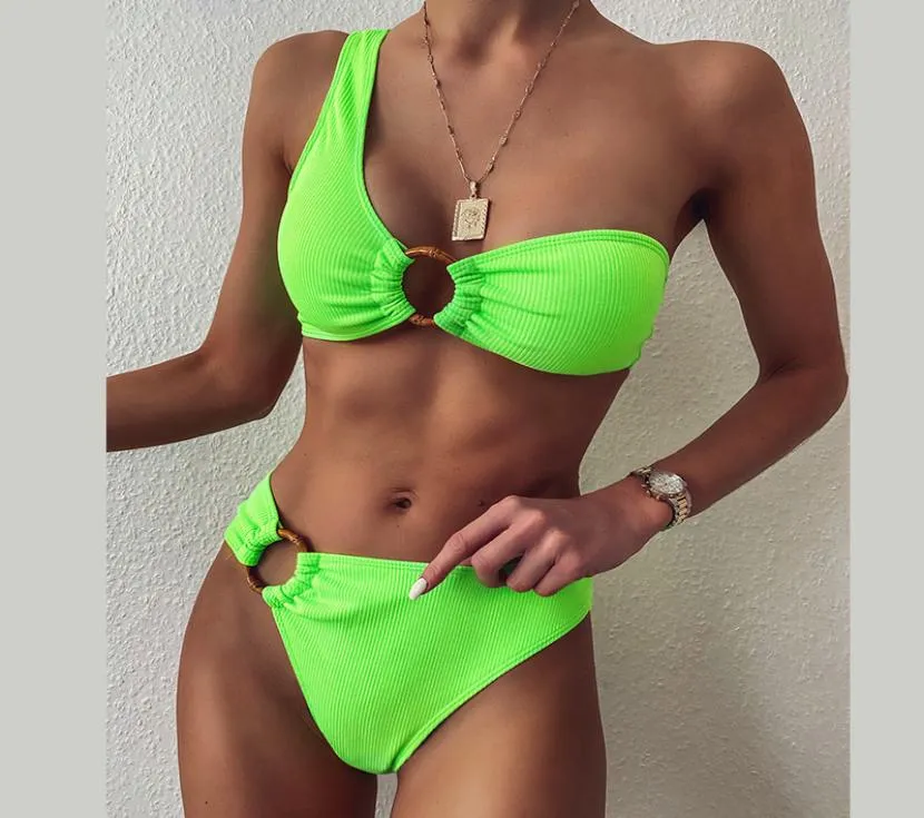 One épaule néon vert bikini 2020 nouveau ring sexy women maillot de bain plage de plage push up up coupé de maillot de bain féminin baignoires 7332504