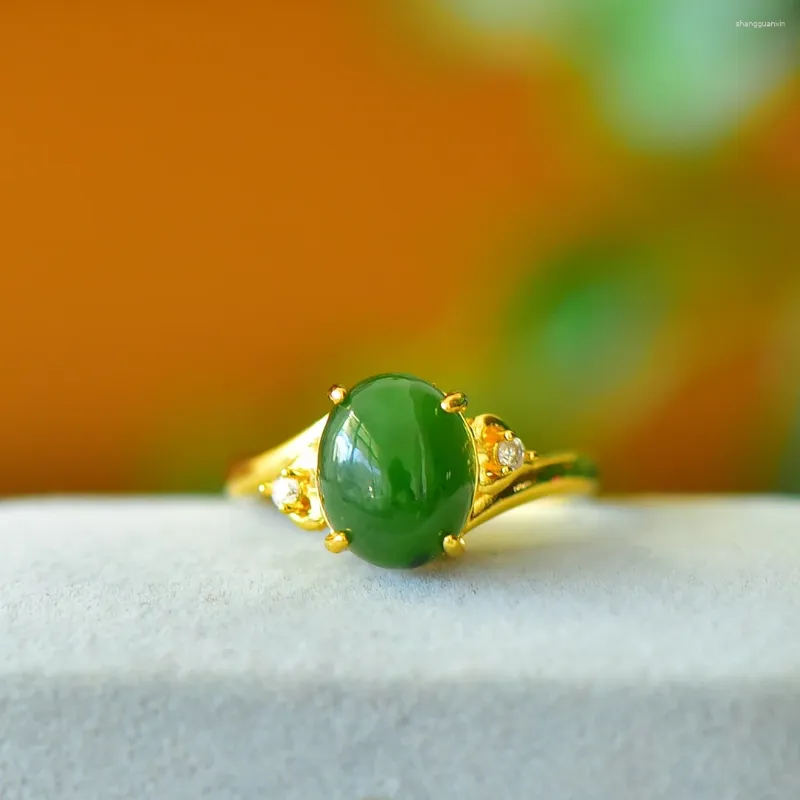 Cluster Anneaux Natural Hetian Jade Ring Gemstone Gold plaquée Gold Accessoires pour femmes bijoux de beauté