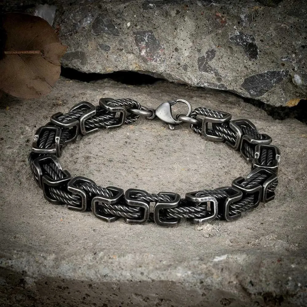 Charm Armbänder Mkendn Punk Männer 316L Edelstahl kreatives Retro Oxidiert Schwarz Geometrische byzantinische Verbindungskette Armbänder Motorradschmuck Y240510