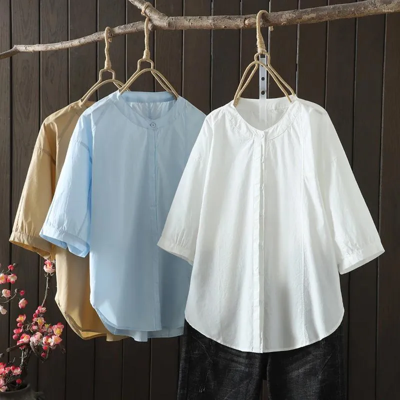 Blouses des femmes Shirts de luxe élégants à demi-manches blanches bleu massif coton femme tops dames vintage japonais vêtements