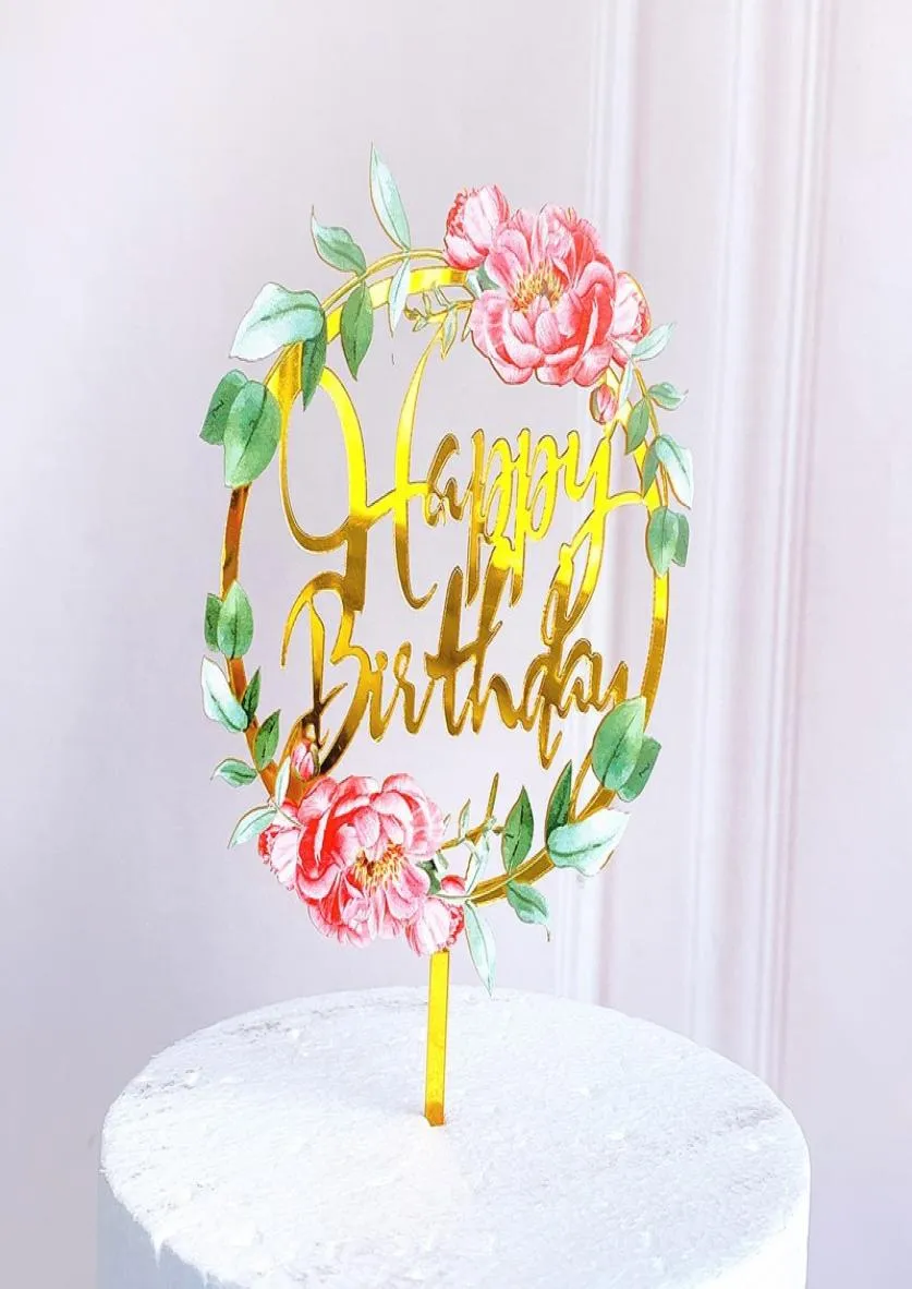 New Home Colored flowers Happy Birthday Cake Topper Golden Acrylic Birthday party Dessert decoration for Baby shower Baking suppli8636654