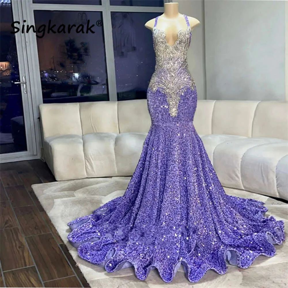 Sexy Sparkly Lavender Prom Straps Crystal Rhinestone Beadings Birthday Party Dress Formal Events Gowns Robe De Bal