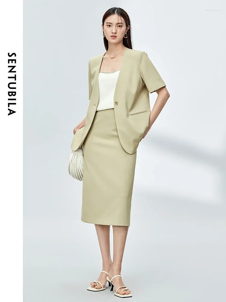 فساتين العمل Sentbila Summer Blazer Suit Office Ladies 2024 V-neck shore sleeve stack