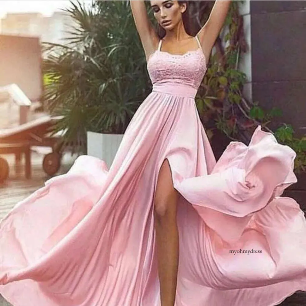Slit Pink Długie koronki z koronkami suknie w szatę de soiree długość podłogi spaghetti impreza abendkleider podzielona sukienki gości ślubnych 0510