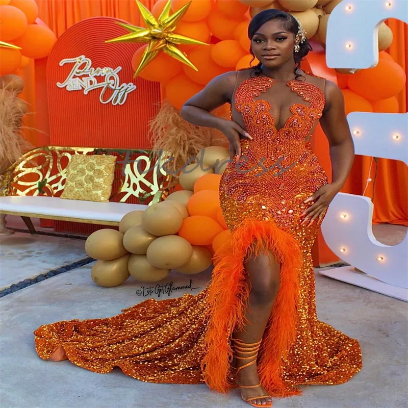 Luxus ASO EBI Orange Prom Kleider mit schlitz funkeln