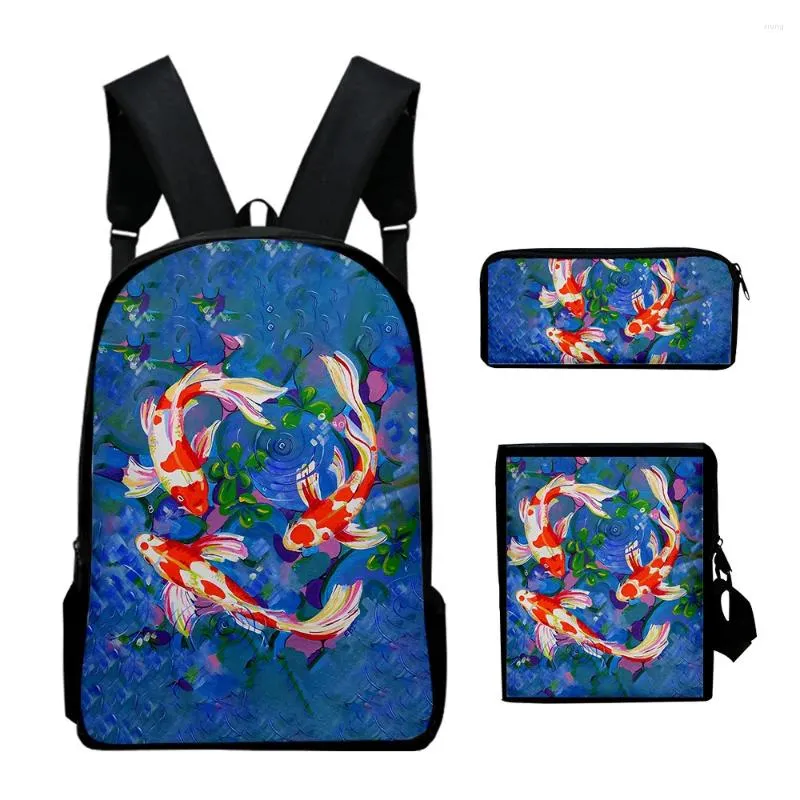 Rucksack Harajuku cooler Koi Karpfen 3D -Druck 3pcs/Set Pupil Schools Taschen Laptop Daypack geneigte Umhängetasche Bleistift Gehäuse