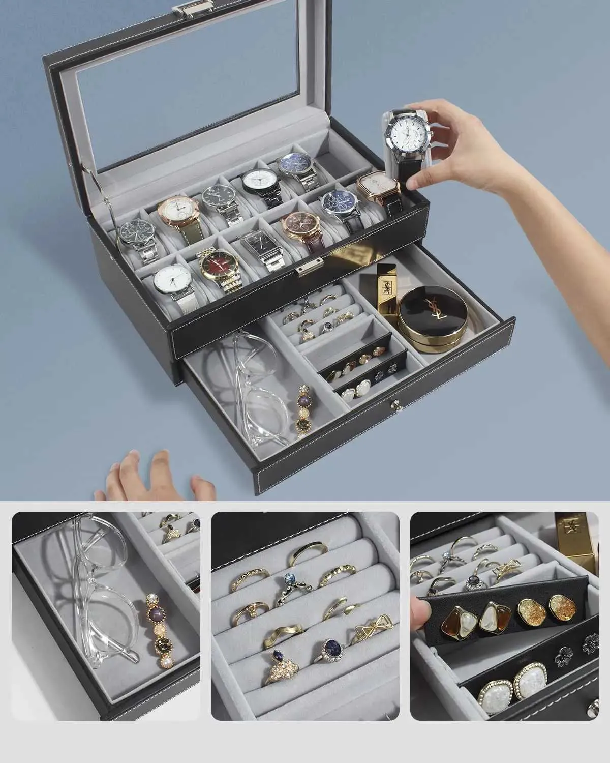 Boîtes à bijoux 12 boîtes de rangement verrouillables en cuir PU PU HOMMES BIELSEMENTS BIELSEMENTS Affichage DRER CASE 2-TIER ORGANIER