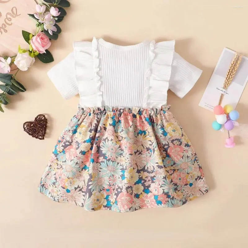 Robes de fille Hibobi One Piece Summer Girls Coton Migne Couche courte Couleur Couleur Bloc de floral Modèle Bow Ruffle Robe décorative pour bébé