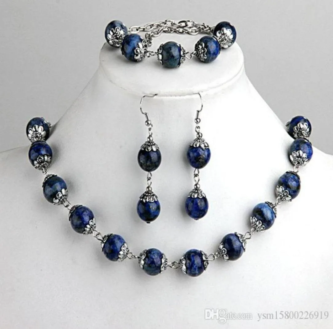 1Set Fashions Lapis Lazuli Ball Perle Collana Bracciale Orecchini Set di gioielli ganci 0 47 4745094