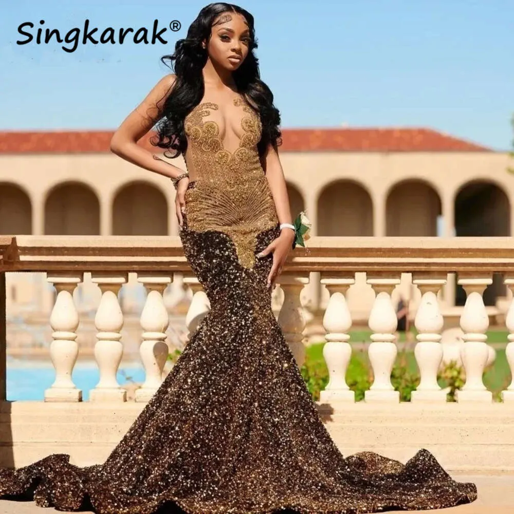 Gold Crystal Beaded Sheer Neckline Rhinestone Party Prom Maxi Dress