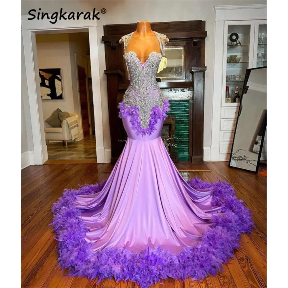 Glitter Purple Diamonds Prom Dress Shiny Beads Crystal Rhinestones Feathers Birthday Party Evening Gowns Vestidos
