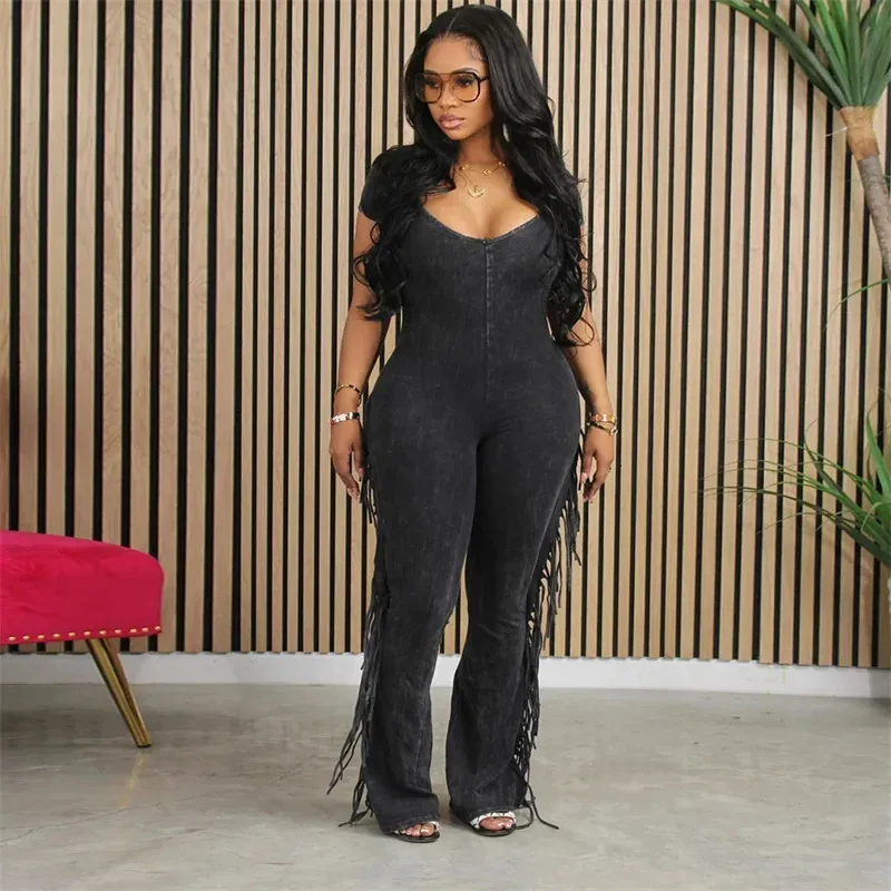 Casual Side Fringe Tassel Jumpsuit For Women V Neck From Dou02