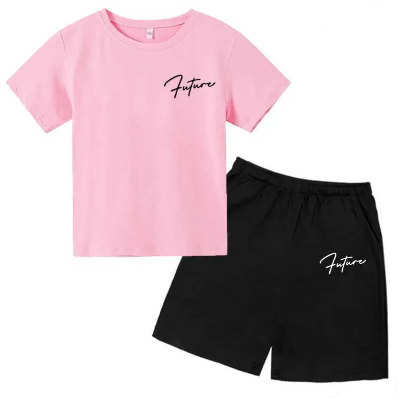 Kledingsets eenvoudige printen Childrens Summer Fashion Casual T-Shirt Set 2024 Nieuw letterpatroon O-Neck T-shirt shorts 2-delige SETL2405