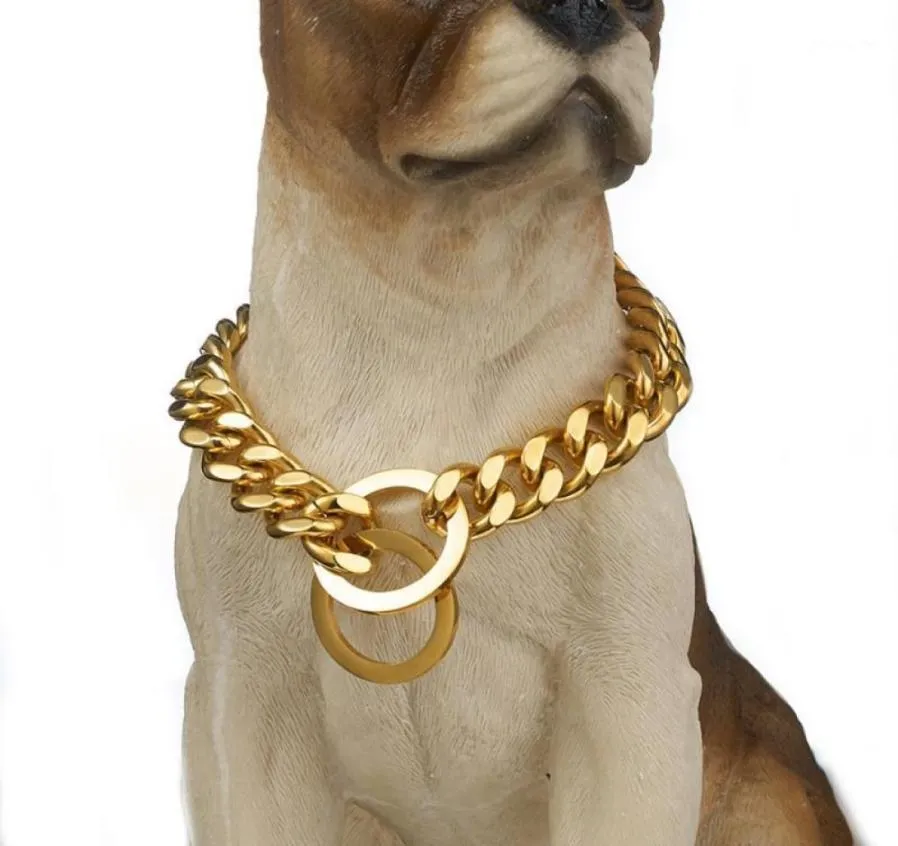 Kettingen 1215 mm brede hoogwaardige veiligheid Pet Pet Supplies ketting Choker Gold Tone roestvrij staal Cuban Curb Link Chain Dog Collar 126353042