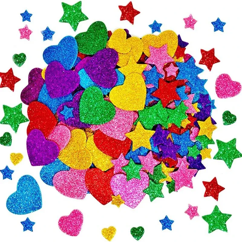 50-250pcs farbenfrohe Glitter-Schaumstock Aufkleber Selbstkleber Stars Hearts Kids Arts Bastelbedarf Grußkarten Home Dekoration Spielzeug 240510