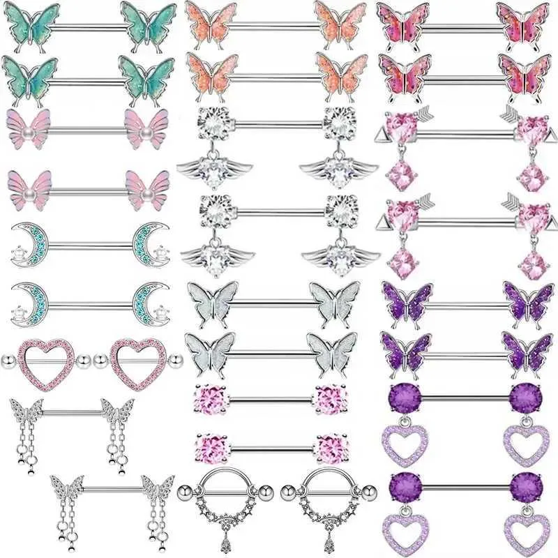 Nipple Rings 1Pair Green Butterfly Nipple Piercing Jewelry 14G Pink Heart Nipple Rings for Women Flower Nipple Piercing Barbell Pezon Mujer Y240510