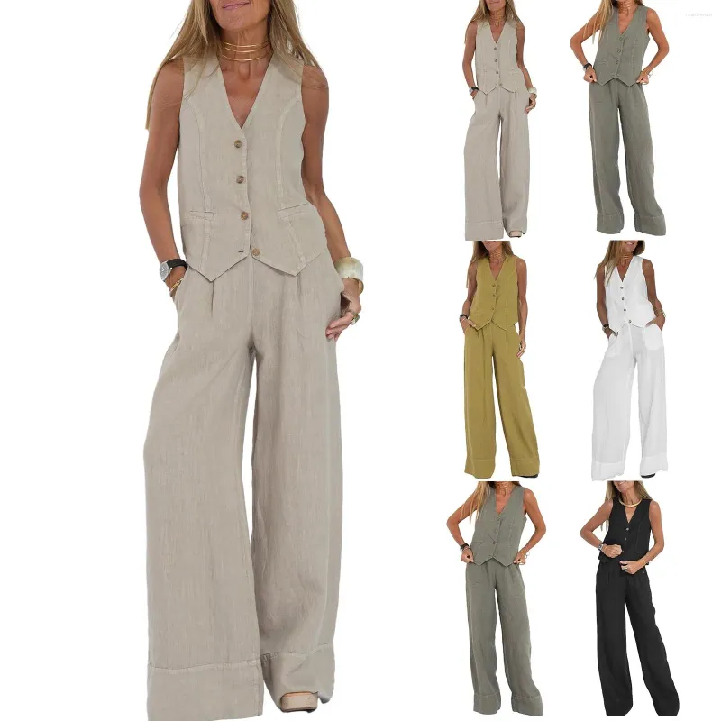 Tweede stuk broek voor dames vrouwen 2 outfits massieve kleur katoenen linnen button down shirt vest tanktops en breedbeen set tracksuit