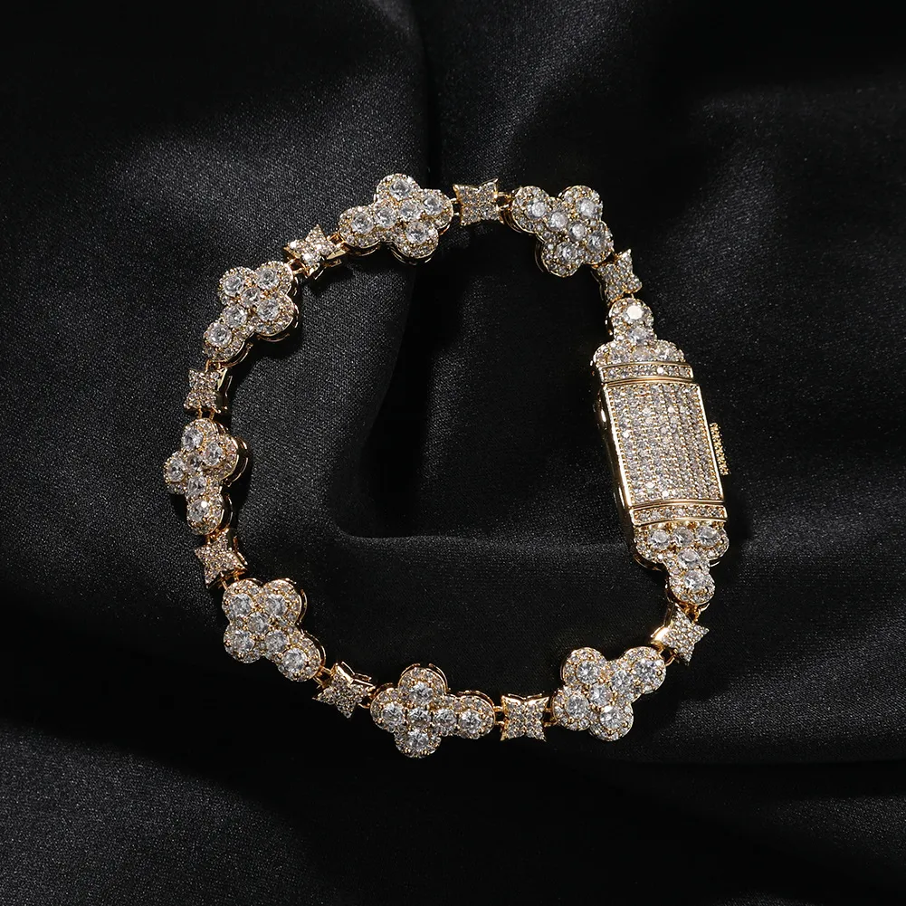10 mm Hip Hop Cross Flower Link Bracelets 5a CZ Realna złota biżuteria