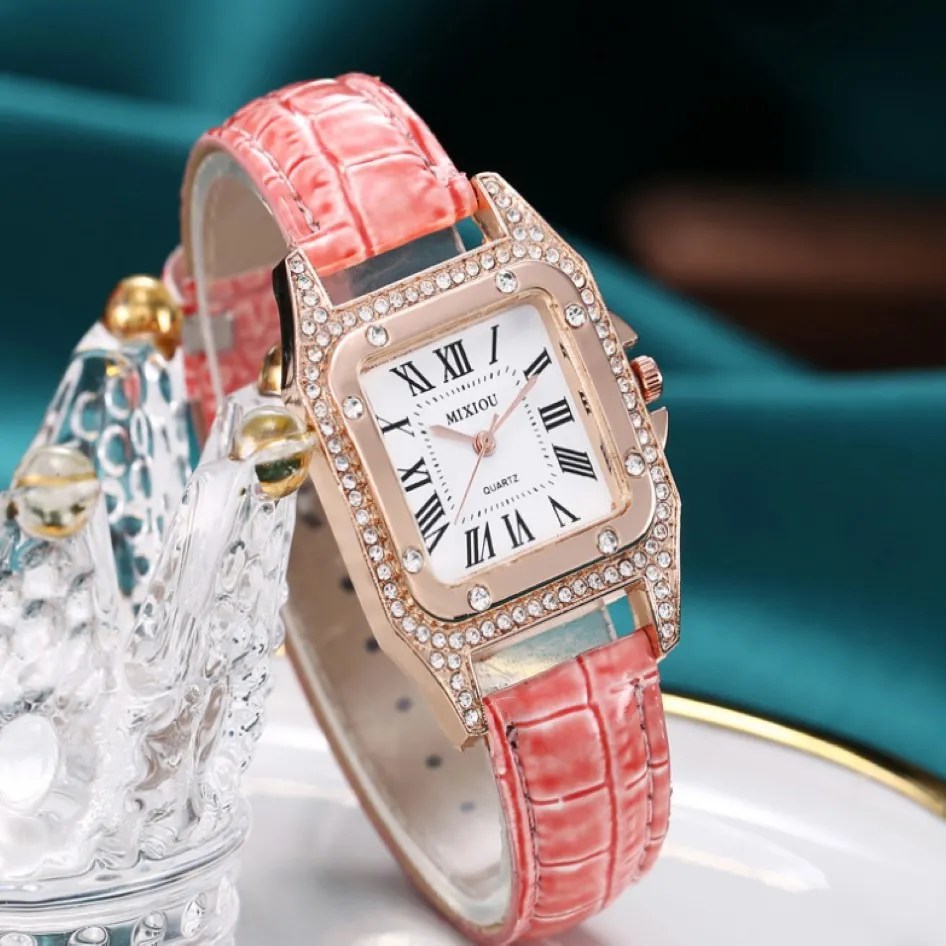 Mixiou 2021 Crystal Diamond Square Smart Watch Watch Kolny skórzany pasek 30 mm Dial Quartz Kwarcowe zegarki na nadgarstki