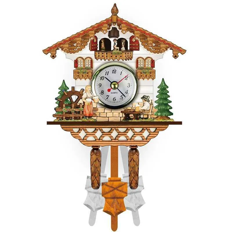 壁の時計ムーンビフィーヴィンテージカッコウクロックリビングルームアラームモダンホーム木製ペンドゥルムスイングバードデコレーションQ240509