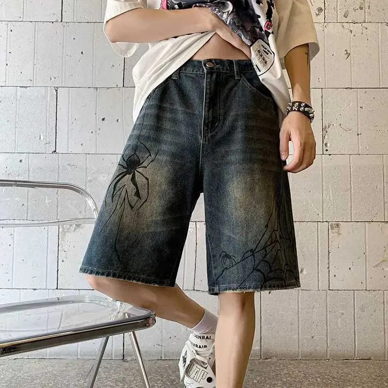 Shorts masculins coréens harajuku araignée cobweb imprimé denim court pour hommes y2k rétro lavage hip hop punk jeans grunge shorts d'été femmes strtwear h240508