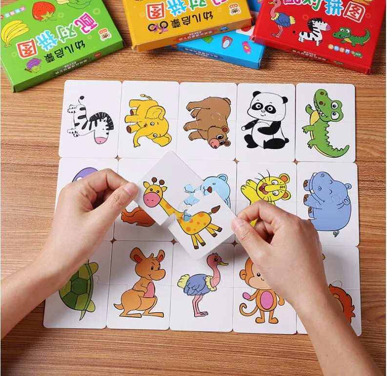 32st småbarnsmatchningskort Tidiga Montessori Education Puzzle Toys Cartoon Jigsaw Animal Color Shape Cognitive Training Presents